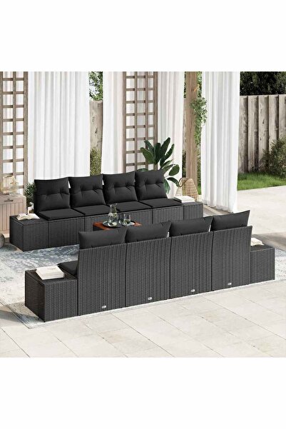 vidaxl Set de canapele pentru gradina cu perna 9 pcs Negru poliratan
