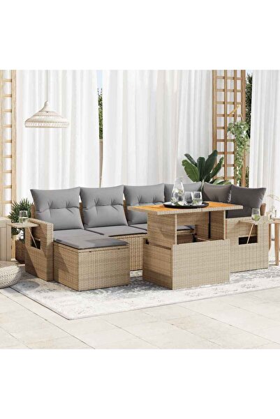 vidaxl Set canapele de gradina, 7 piese, cu perne, bej, poliratan