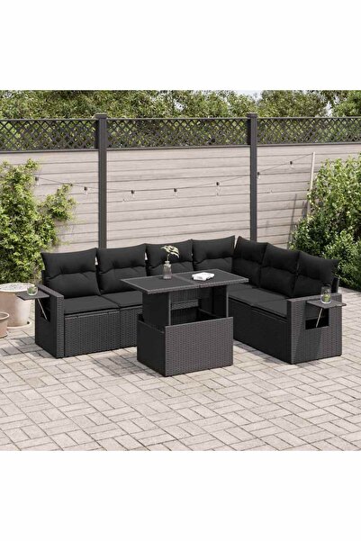 vidaxl Set canapele de gradina cu perne, 7 piese, negru, poliratan