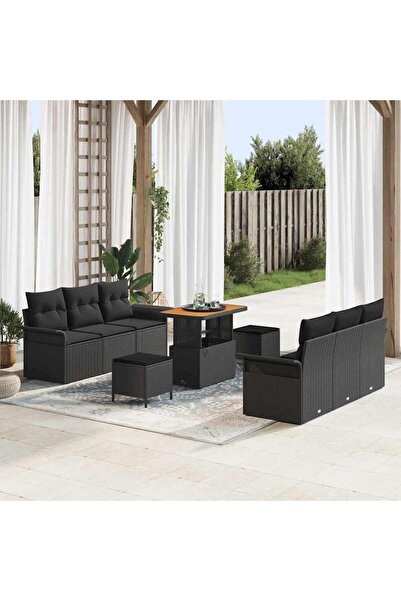 vidaxl Set de canapele pentru gradina cu perna 9 pcs Negru poliratan