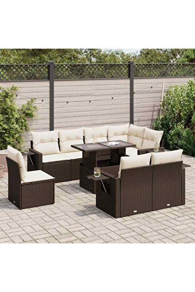 vidaxl Set canapele de gradina cu perne, 9 piese, maro, poliratan