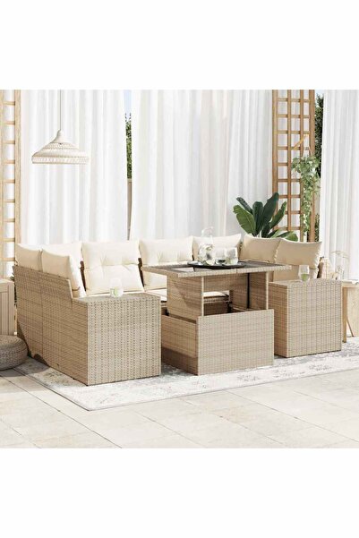 vidaxl Set canapele de gradina, 7 piese, cu perne, bej, poliratan