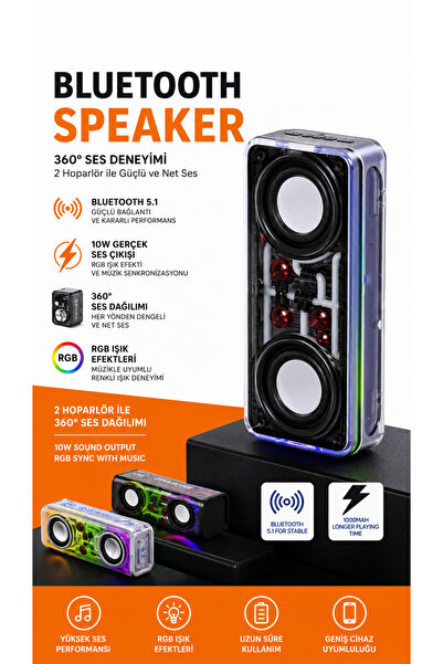 Aksesuarcı Bluetooth Hoparlör RGB Işıklı 10W Taşınabilir Kablosuz Speaker 360 Ses Dağılımlı
