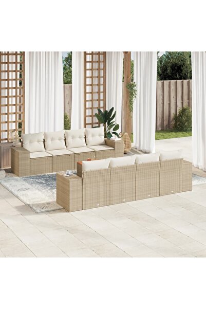 vidaxl Set canapele de gradina, 9 piese, cu perne, bej, poliratan