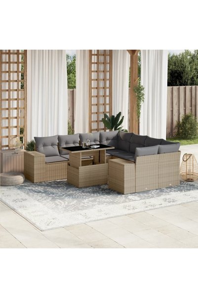 vidaxl Set canapele de gradina, 9 piese, cu perne, bej, poliratan