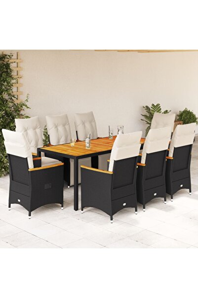 vidaxl Set bistro de gradina, 9 piese, cu perne, negru, poliratan