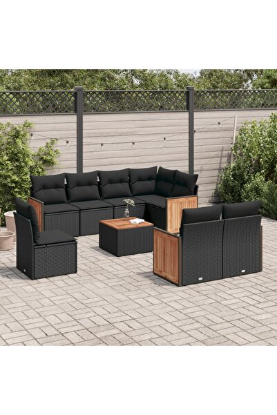 vidaxl Set mobilier de gradina cu perne, 9 piese, negru, poliratan