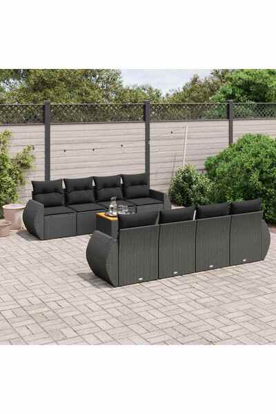 vidaxl Set mobilier de gradina cu perne, 9 piese, negru, poliratan
