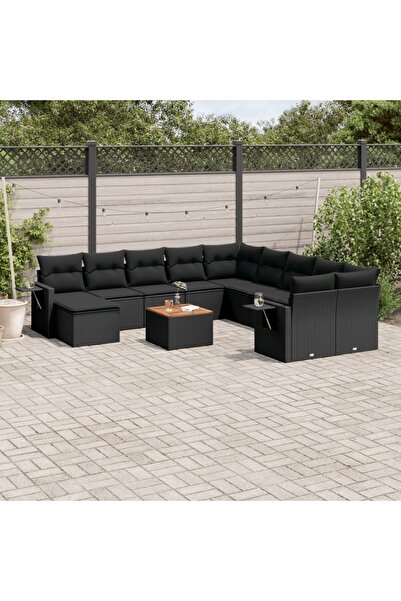 vidaxl Set canapele de gradina, 12 piese, cu perne, negru, poliratan