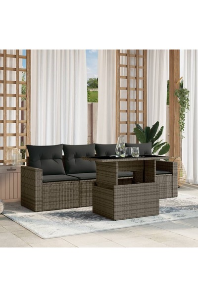 vidaxl Set canapea de gradina cu perne, 5 piese, gri, poliratan