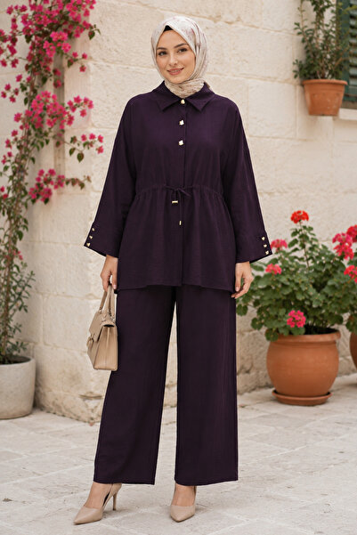 FERHEL Women's Cap Blouse and Trousers Set - Cotton Crinkle Fabric - Plum