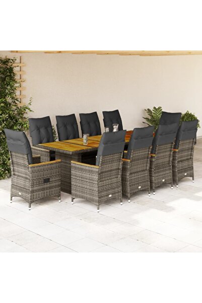 vidaxl Set bistro de gradina cu perne, 11 piese, gri, poliratan