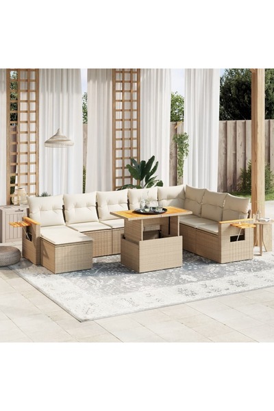 vidaxl Set canapele de gradina, 9 piese, cu perne, bej, poliratan