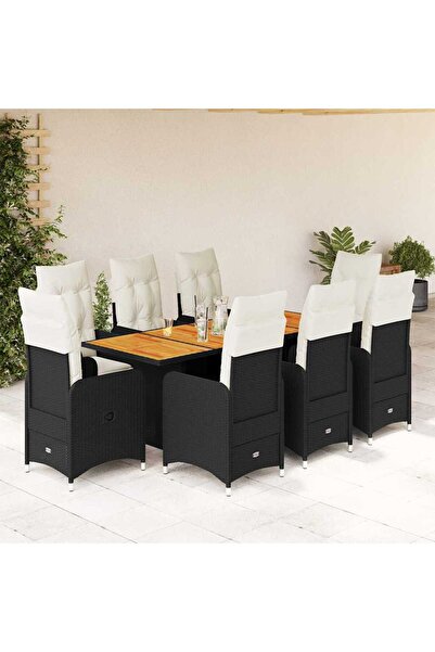 vidaxl Set bistro de gradina, 9 piese, cu perne, negru, poliratan