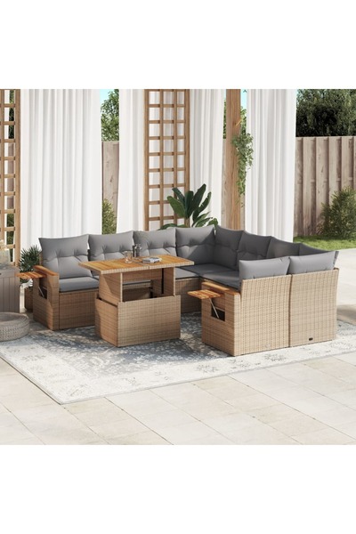 vidaxl Set canapele de gradina, 9 piese, cu perne, bej, poliratan