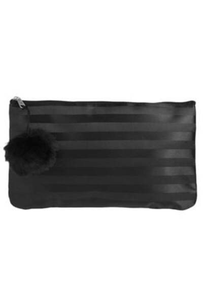 SHOPIENS Săculeț din satin negru cu dungi și pompon 23 x 13 cm