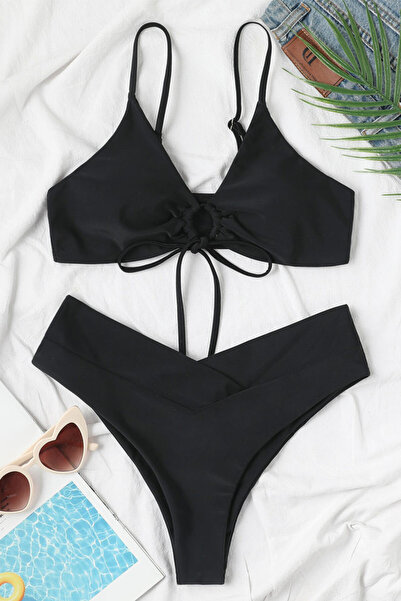 VeeShop Costum de baie doua piese, slip cu sold inalt si cupe incretite cu snur