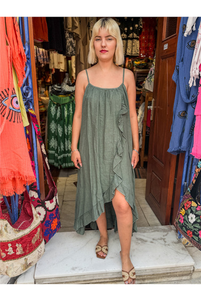 Miss Boheme Khaki Color Thin Strap Ruffled Italian Linen Dress
