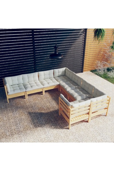 vidaxl Set mobilier de gradina cu perne crem, 8 piese, lemn masiv pin