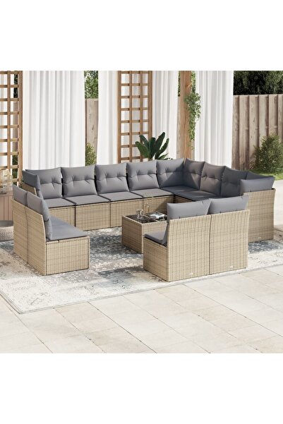 vidaxl Garden sofa set, 13 pieces, with cushions, beige, polyrattan