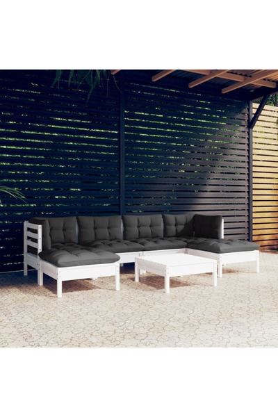 vidaxl Set mobilier de gradina cu perne, 7 piese, alb, lemn de pin