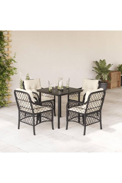 vidaxl Garden furniture set with cushions, 5 pieces, black, polyrattan