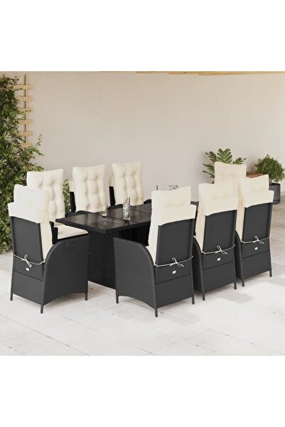 vidaxl Set mobilier de gradina cu perne, 9 piese, negru, poliratan