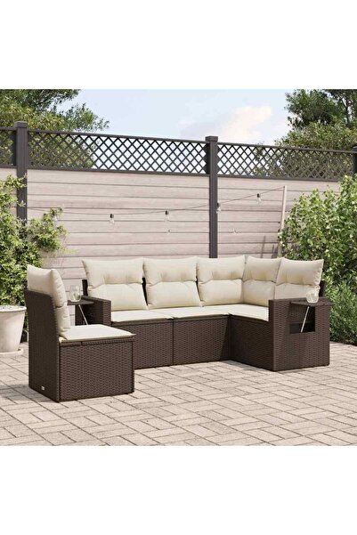 vidaxl Garden sofa set with cushions, 5 pieces, brown, polyrattan
