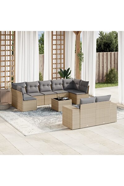 vidaxl Garden sofa set with cushions, 10 pieces, beige, polyrattan