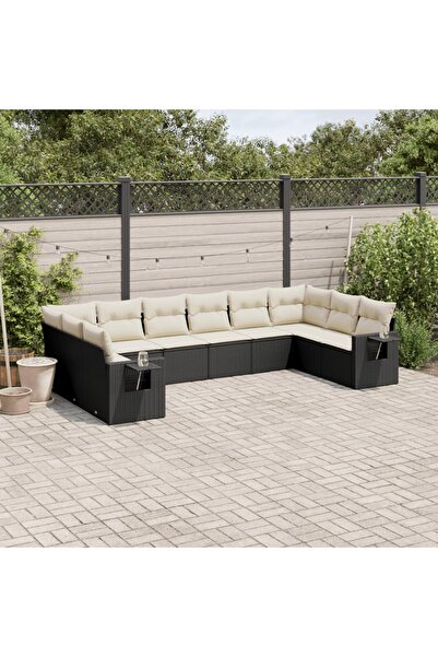 vidaxl Garden sofa set with cushions, 10 pieces, black, polyrattan