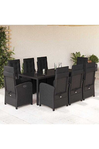 vidaxl Garden furniture set with cushions, 9 pieces, black, polyrattan