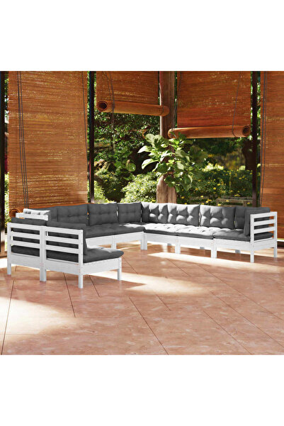 vidaxl Set mobilier de gradina cu perne, 9 piese, alb, lemn masiv pin