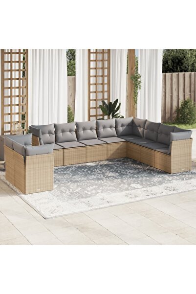 vidaxl Garden sofa set with cushions, 10 pieces, beige, polyrattan