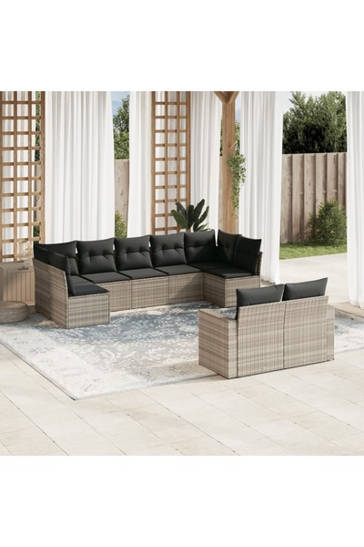 vidaxl Garden sofa set with cushions, 9 pieces, light grey, polyrattan