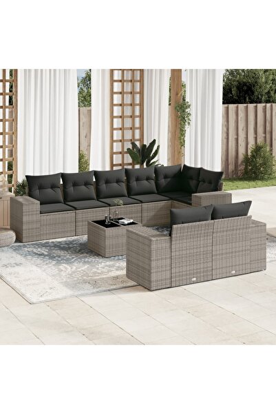 vidaxl Garden sofa set, 9 pieces, with cushions, grey, polyrattan