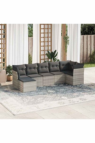 vidaxl Garden sofa set with cushions, 7 pieces, light grey polyrattan