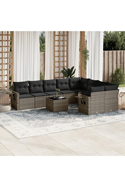 vidaxl Garden furniture set with cushions, 10 pieces, grey, polyrattan