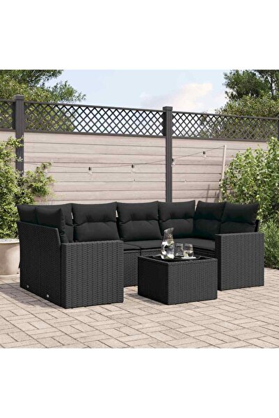 vidaxl Garden sofa set with cushions, 7 pieces, black, polyrattan