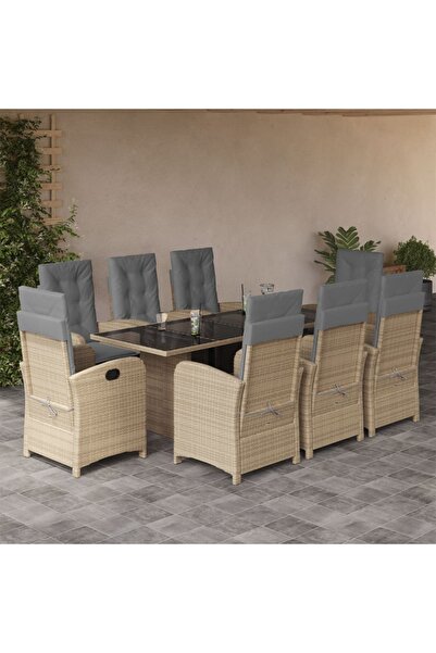 vidaxl Set de masa pentru gradina, 9 piese, cu perne, bej, poliratan