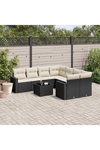 vidaxl Garden furniture set with cushions, 9 pieces, black, polyrattan