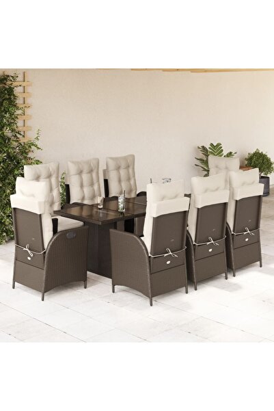 vidaxl Garden furniture set with cushions, 9 pieces, brown, polyrattan