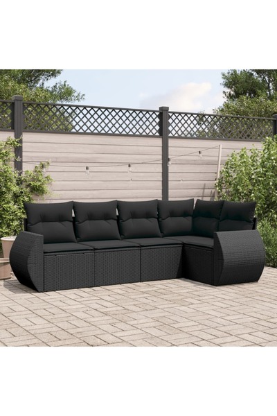 vidaxl Garden furniture set with cushions, 5 pieces, black, polyrattan