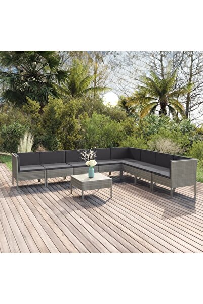 vidaxl Set mobilier de gradina cu perne, 9 piese, gri, poliratan