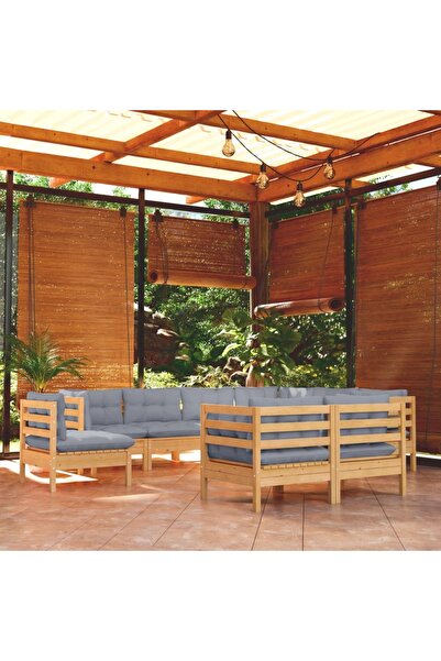 vidaxl Set mobilier de gradina cu perne gri, 9 piese, lemn masiv pin