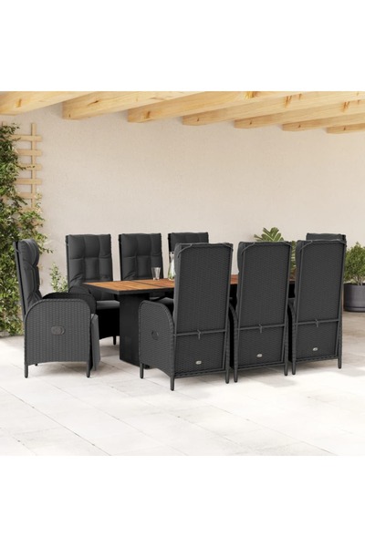 vidaxl Garden furniture set with cushions, 9 pieces, black, polyrattan