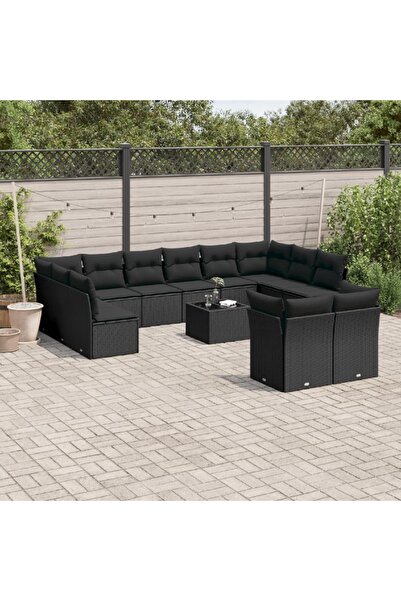 vidaxl Garden furniture set with cushions, 13 pieces, black, polyrattan