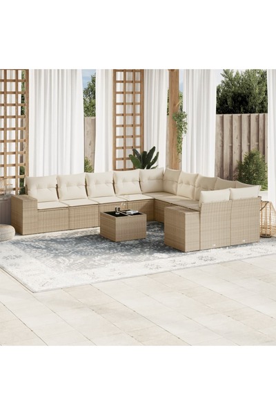 vidaxl Garden sofa set with cushions, 11 pieces, beige, polyrattan