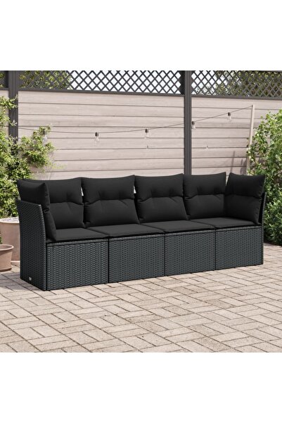 vidaxl Set mobilier de gradina cu perne, 4 piese, negru, poliratan