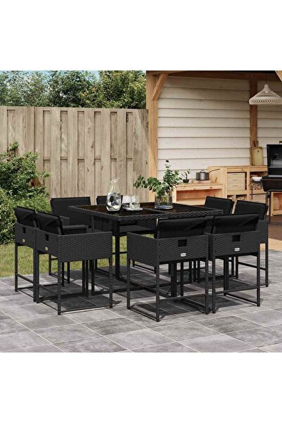 vidaxl Garden furniture set with cushions, 9 pieces, black, polyrattan