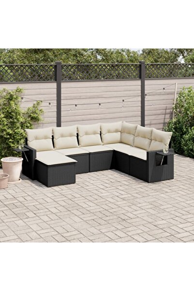 vidaxl Garden sofa set with cushions, 7 pieces, black, polyrattan